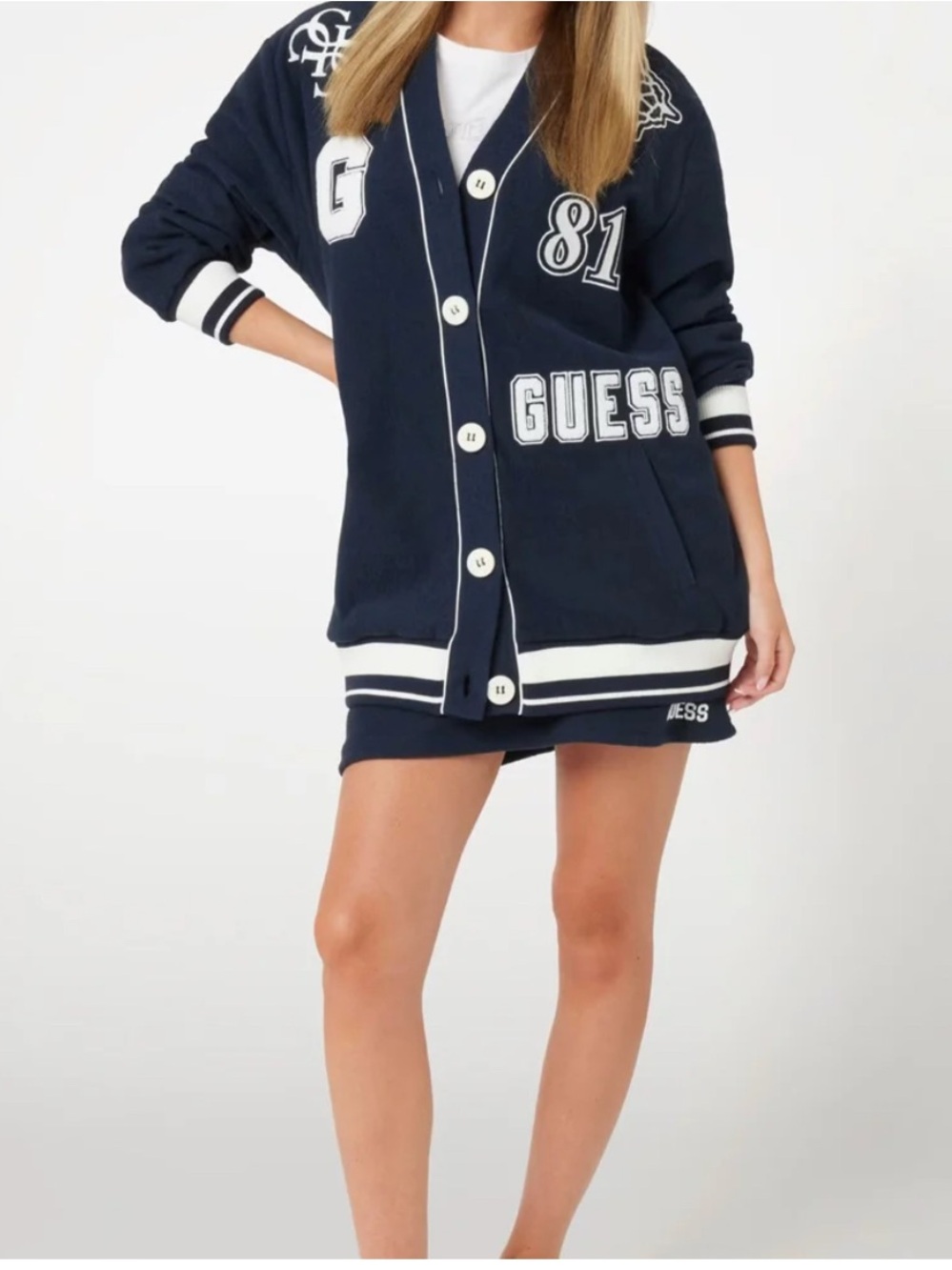 GUESS Navy and White Patchwork Varsity Cardigan Jacket